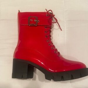 Women’s Red Zip Platform Chunky Heeled Combat Boots w/ lace up & buckle accents
